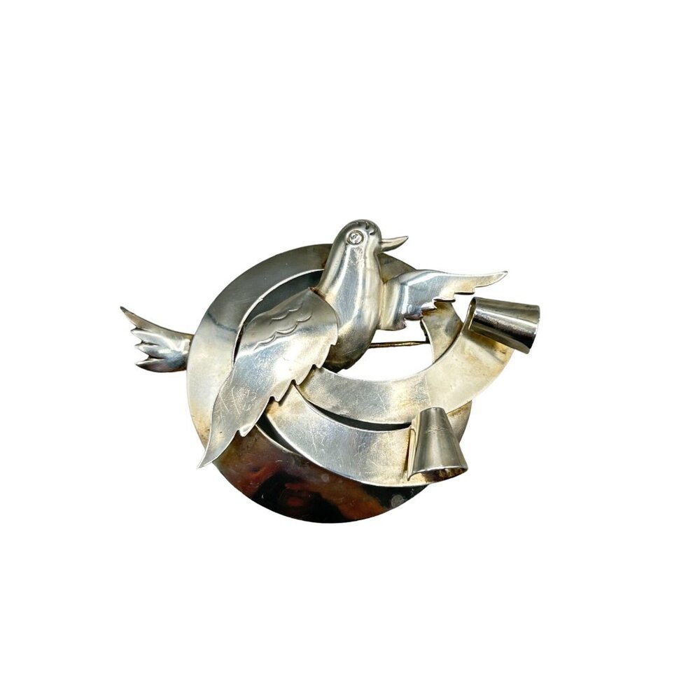 Vintage Sterling By Jordan Silver Dove Pin Brooch Bird Ribbons and Swirls